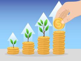 Illustration of one hand stacking coins using the concept of saving money and profit graph for financial business for future capital. vector