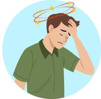 Illustration of a young man looking dizzy and uncomfortable, with one hand on his forehead. His confused expression suggests dizziness. vector