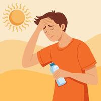 man suffering from extreme heat under the sun, and is sweating profusely. wiping his forehead with one hand while holding a water bottle in the other vector