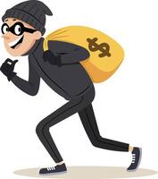 Illustration of a robber dressed in all black, carrying a large yellow sack with a dollar sign on it. vector