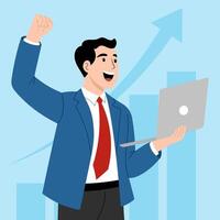 Illustration of successful and growing businessman with technology using laptop to generate income. vector
