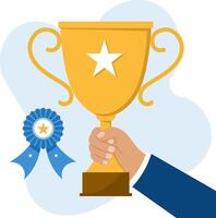 Illustration of a golden trophy with a star emblem in the center is held in a suited hand, emphasizing the achievement. vector