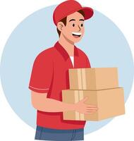 delivery man holding a neatly packed cardboard box and being professional vector