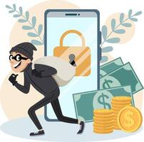 Illustration of a cyber thief coming out of a smartphone screen. In the background are piles of gold coins, credit cards and banknotes, which represents financial fraud or cyber crime. vector