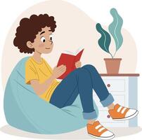 Illustration of a boy sitting comfortably on a bean bag chair while reading a book. His pose is relaxed and focused. vector