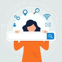 Illustration of a Woman Holding Search Bar Online Browse and Digital Information vector