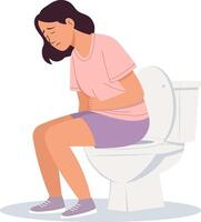 Illustration of a woman suffering from stomachache while sitting on the toilet. vector