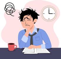 man sitting at a desk and a spiral symbol above his head representing stress vector