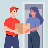 Illustration of a Fast and Reliable Package Delivery A Smiling Courier Hands Over a Package to a Happy Customer vector
