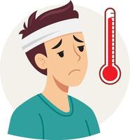 sick man who looks exhausted and has a high fever, with a red thermometer icon next to him. vector