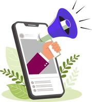 Illustration of a smartphone with a hand holding a red amplifier appearing from the phone, conveying an announcement. vector