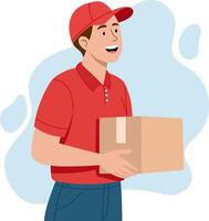 Illustration of a delivery man holding a neatly packed cardboard box and being professional vector