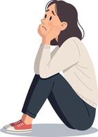 Illustration of a young woman in a calm and simple pose, looking like she is deep in thought or contemplating. vector