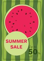 Flyer with round slice of watermelon on background of green watermelon rind. Template design for flyer, banner, poster, poster, advertisement for grocery store, market, online store, website. vector