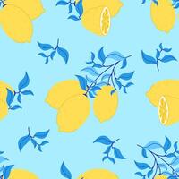 Seamless pattern with lemons on turquoise background. Bright design of Mediterranean citrus fruits in flat style. vector