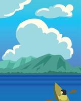 Illustration of Kayaking on a Lake with Mountains and Clouds vector