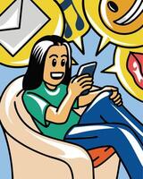 User interacting with smartphone on couch vector