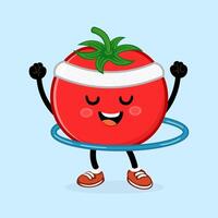Tomato character spinning colorful hula hoop, demonstrating fitness enthusiasm with playful, energetic movement vector
