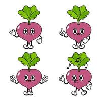 Four cute Beetroot cartoon characters showing different expressions and poses, ideal for healthy eating projects vector