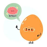 Cheerful orange egg character wearing glasses, pointing to brainstorming thought bubble with bingo text vector