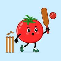 A cheerful Tomato character enjoys a game of cricket with a bat and ball. vector