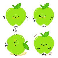 Four poses of a kawaii style Green Apple cartoon character meditating, singing, sleeping and flexing vector
