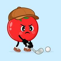 A grumpy Tomato cartoon character playing golf on a bright day. vector