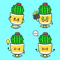 Kawaii Cactus character expressing varied emotions, from joyful to melancholic, while gesturing with cash and contemplating creative concepts vector