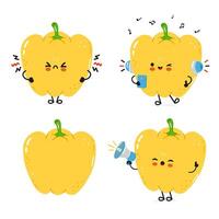 A set of four playful and expressive cartoon Yellow Peppers showing different emotions and actions. vector
