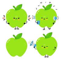 Four cute Green Apple cartoon characters with different facial expressions, listening music, getting angry and speaking with megaphone vector