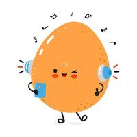 Cute Egg character enjoying music, holding a smartphone, and winking happily vector