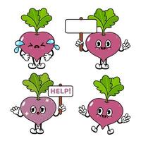 Playful Beetroot characters expressing varied emotions sad, happy, bored, pleading with whimsical cartoon styling vector