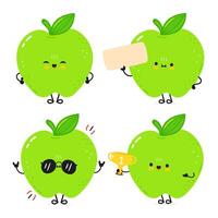 Four amusing cartoon Green Apples with diverse expressions and props for a playful concept. vector