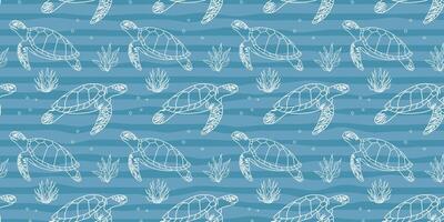 Seamless ocean life pattern with sea turtles and seaweed. Hand drawn marine elements on blue background for fabric, packaging. vector