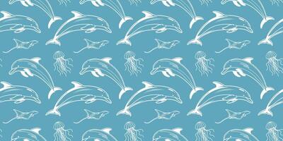 Seamless ocean life pattern with dolphins, jellyfish and rays. Hand drawn marine elements on blue background for fabric, packaging. vector