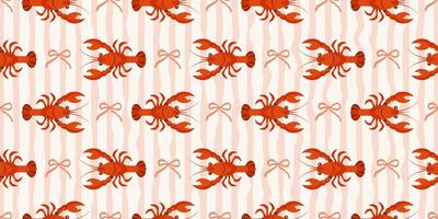 Seamless pattern with lobsters and bows on pink and white wavy stripes. Summer repeating seafood pattern. Mediterranean background. vector