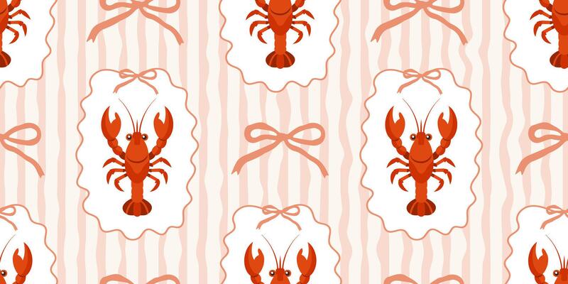 Seamless pattern with lobsters and bows on pink and white wavy stripes. Summer repeating seafood pattern. Mediterranean coastal background.