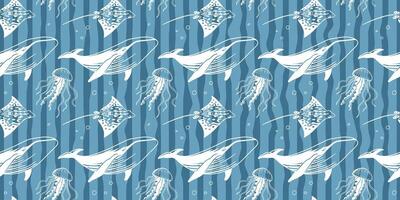 Seamless ocean life pattern with whales, jellyfish and rays. Hand drawn marine elements on blue background for fabric, packaging. vector