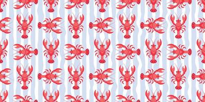 Seamless lobster pattern on blue and white wavy stripes. Summer repeating seafood pattern. Mediterranean coastal background. vector