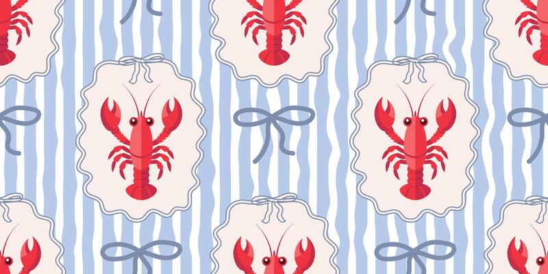 Seamless pattern with lobsters and bows on blue and white wavy stripes. Summer repeating seafood pattern. Mediterranean coastal background.