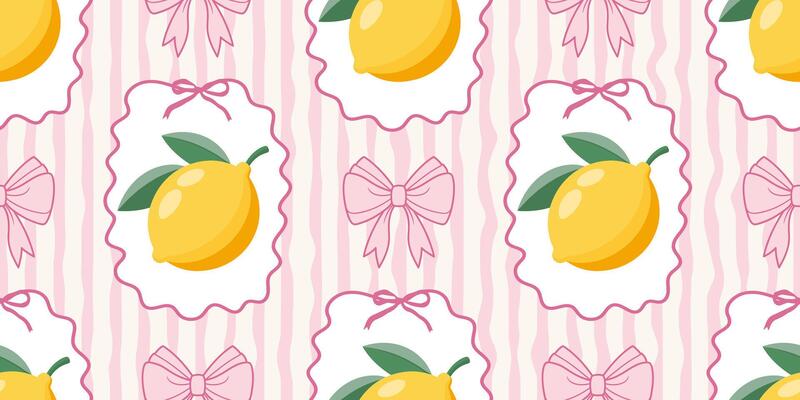 Seamless pattern with lemons and bows on pink wavy stripes. Summer repeating fruit pattern. Mediterranean coastal design background.