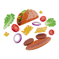 Vibrant deconstructed taco ingredients floating in an artistic arrangement png