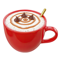 Glossy red mug filled with frothy hot chocolate, caramel swirls, and chocolate chips png