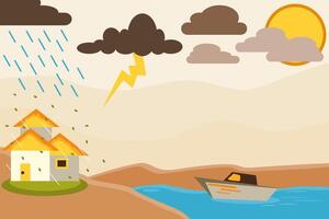 Tropical Storm Scene with Rain, Boat, and Thunderclouds vector