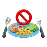 Red prohibition sign above a plate of pizza and fries, symbolizing diet restriction png