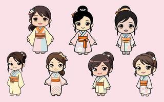 chibi characters bundle cute yukata girl character set vector