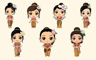 chibi characters bundle graceful balinese women character collection vector