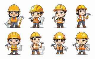 chibi professions bundle cute construction worker character with helmet vector