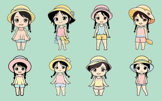 chibi professions bundle cute female swimmer character set vector