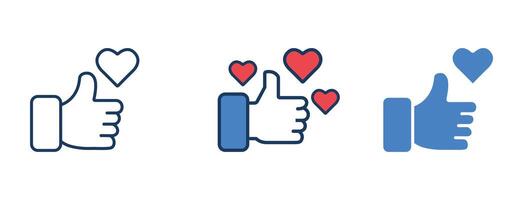 Social thumbs up icons, like, heart, support, flat, line, and filled set vector